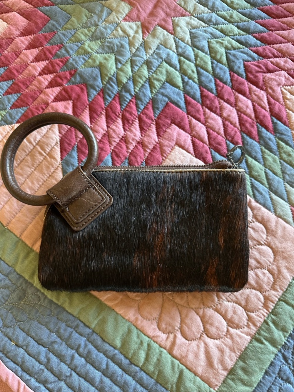 Montana West Dark Brown Haircalf Wristlet with Leather Ring